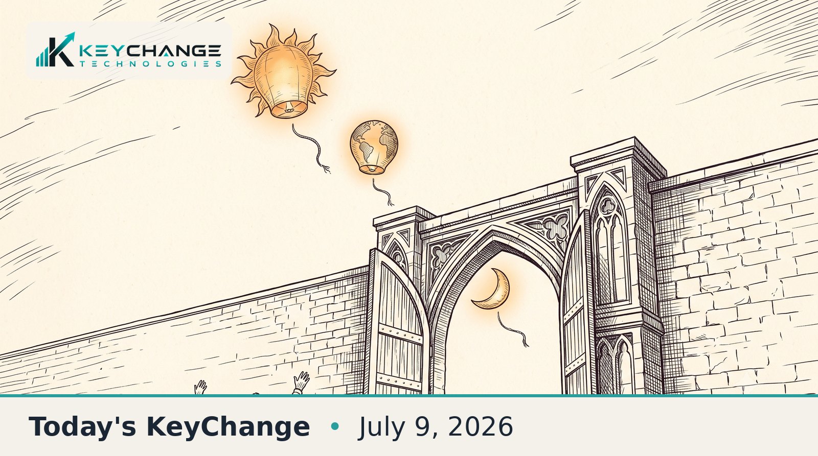 Pen-and-ink editorial illustration of three glowing paper lanterns shaped like a sun, an earth globe, and a crescent moon rising through an open stone gate as a small crowd below reaches up.