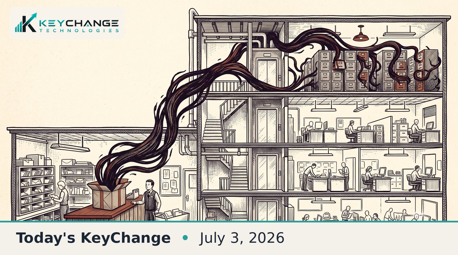Pen-and-ink cutaway of an office building where an opened parcel in the mailroom sends dark tendrils up through the floors to seize rows of file cabinets, symbolizing untrusted data taking over a server.