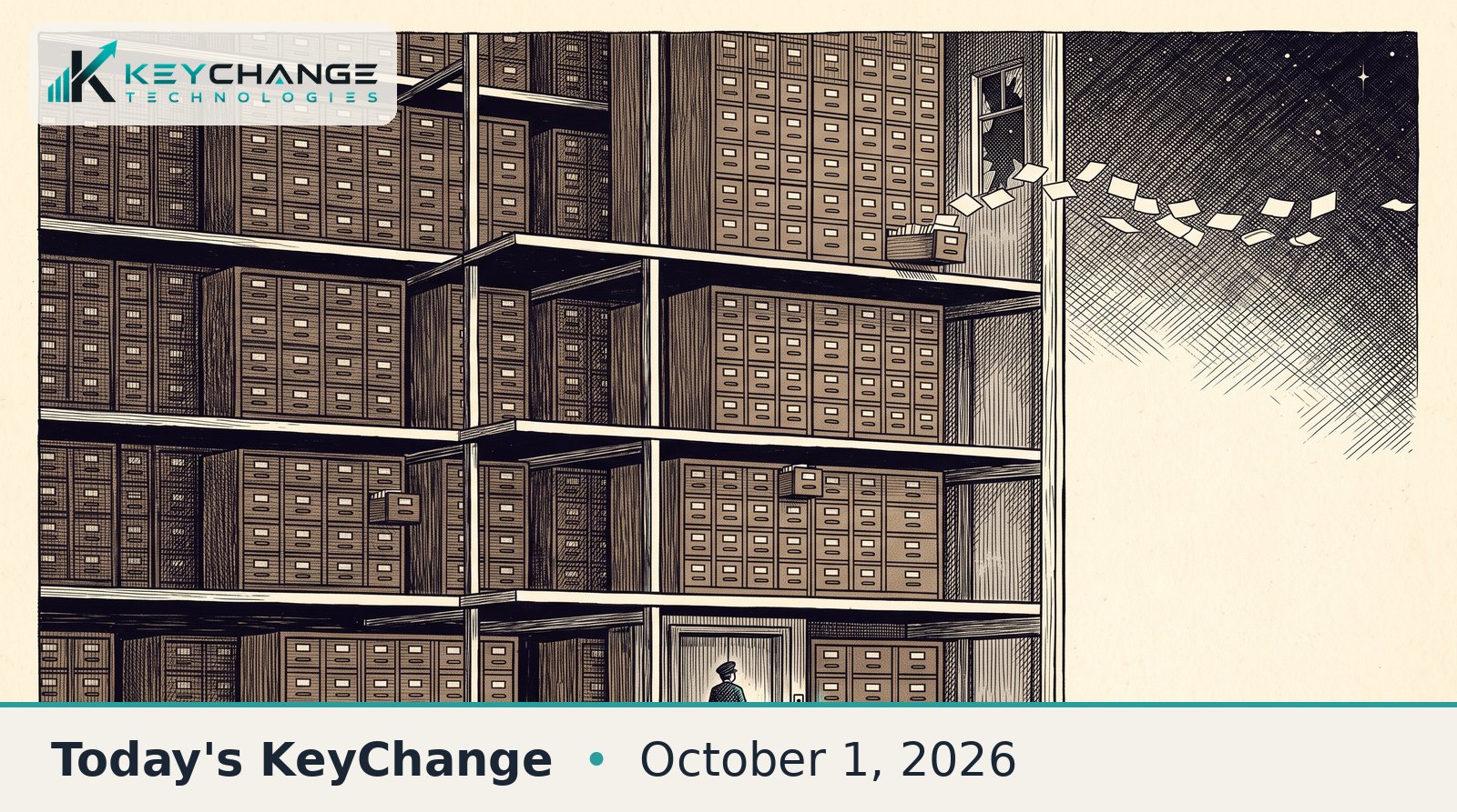 Hand-drawn pen-and-ink cutaway of a giant archive building at night, with one filing drawer ajar and index cards drifting out a broken window while a tiny night watchman faces the door
