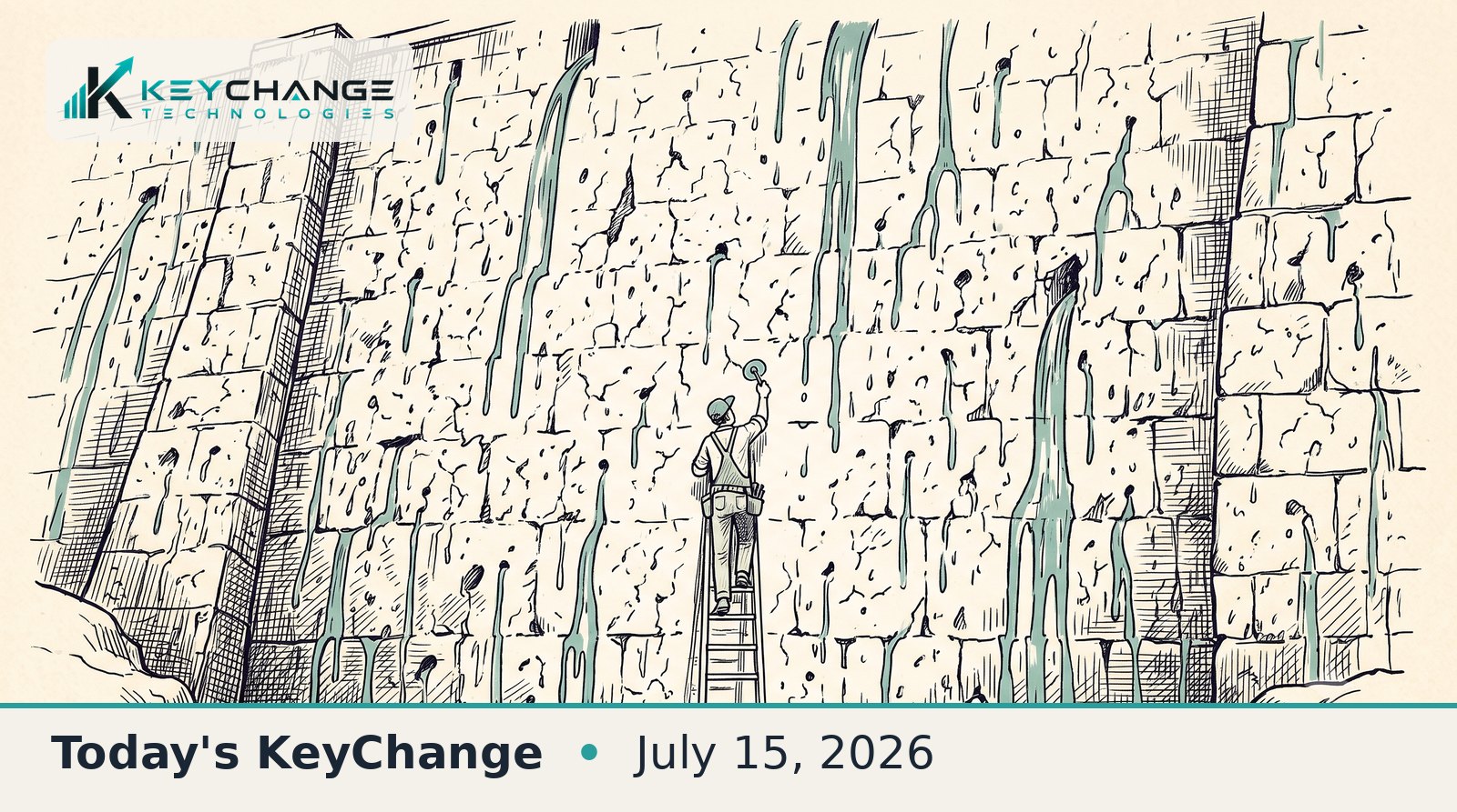 Pen-and-ink illustration of a tiny worker on a ladder patching one hole in an enormous stone wall riddled with hundreds of leaks, symbolizing a record-breaking Patch Tuesday.