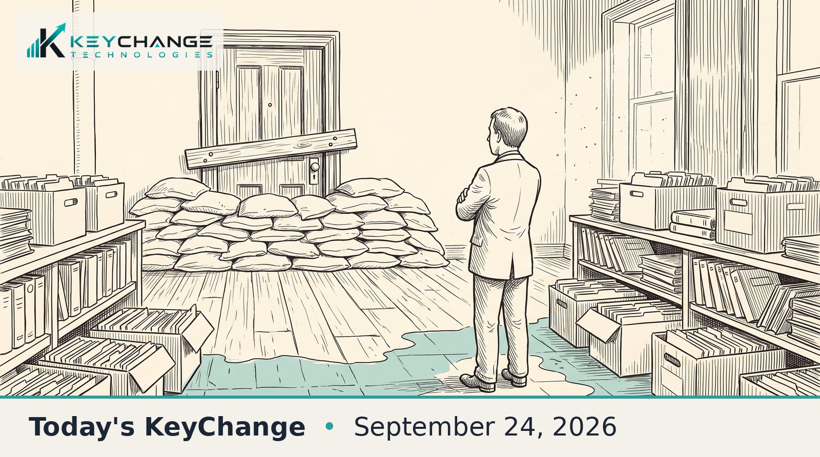 Pen-and-ink illustration of a records room where a clerk faces a door barred with a plank and banked with sandbags while teal water seeps up through the floor behind him toward open file boxes.